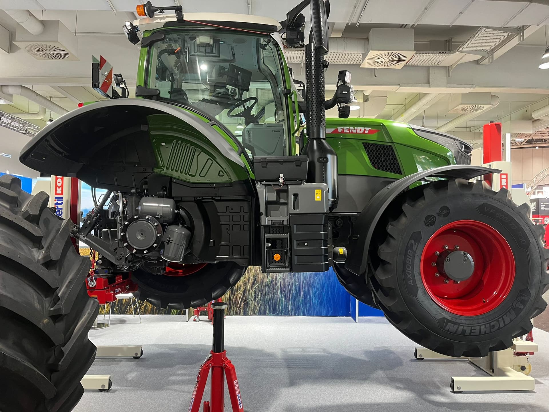 Fendt tractor lifted with Stertil-Koni mobile column vehicle lifts at stand Agritechnica show 2025